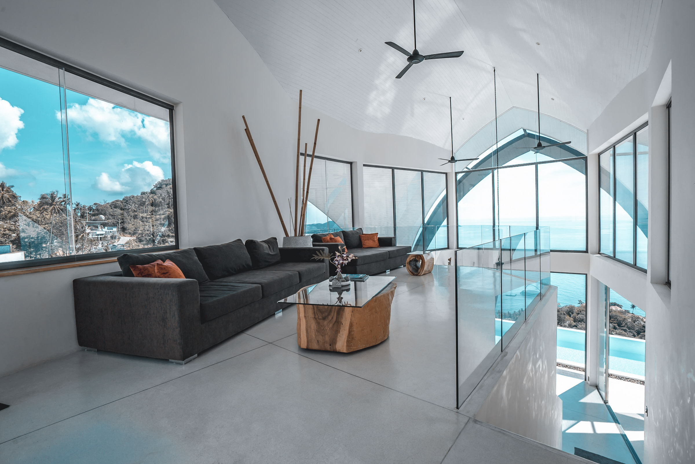 Open-air luxury villa living room with ocean views in Koh Samui